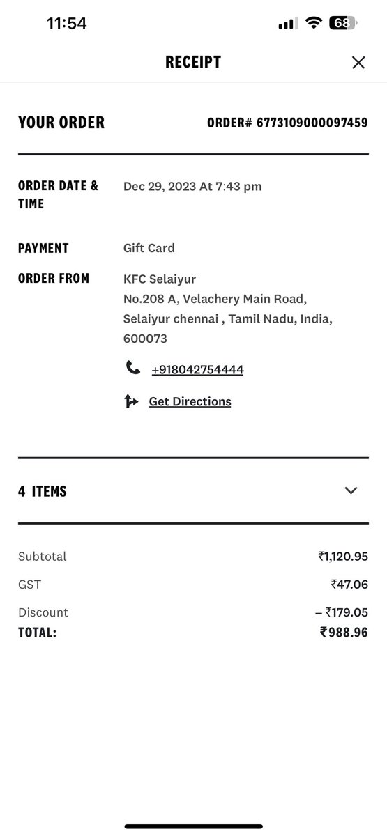 saravanas90's tweet photo. @KFC_India I’m really disappointed with behaviour of one of your staff at the KFC Selaiyur’s outlet. How in the world can your staff can yell at the customer and says to get out of the store when waiting for the order which we have paid. Have attached the screenshot of my order. https://t.co/YDB3tLWQC2
