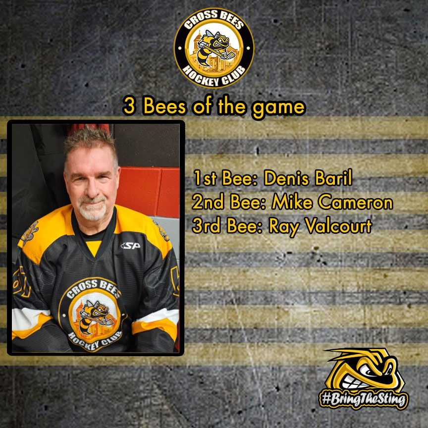 Game 17 - Dec. 29 - 3 Bees of the game vs. The Grinders 🐝---------1st Denis Baril 🐝🐝-----2nd Mike Cameron 🐝🐝🐝-3rd Ray Valcourt #BringTheSting #CrossBees