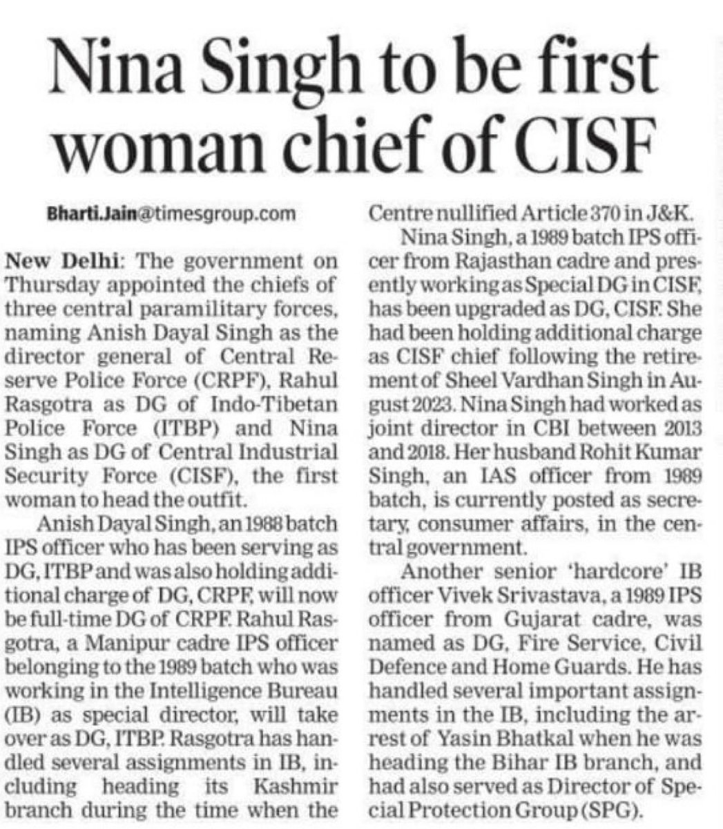 NavitaSrikant's tweet photo. #India #SecurityForces get the first Women head. 
Heartiest congratulations to Nina Singh as DG of CISF. She is a 1989 batch IPS Officer from Rajasthan cadre. 
#GenderBalanced https://t.co/95xxq0Peyv