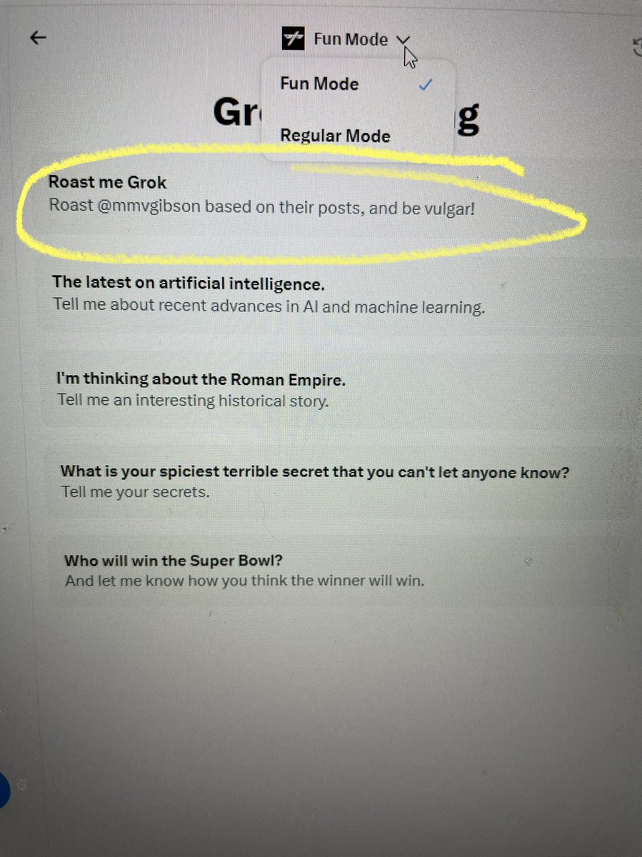 mmvgibson's tweet image. 1st time playing in #funmode w/ #grok . About to get #roasted … wish me luck @xai  ..