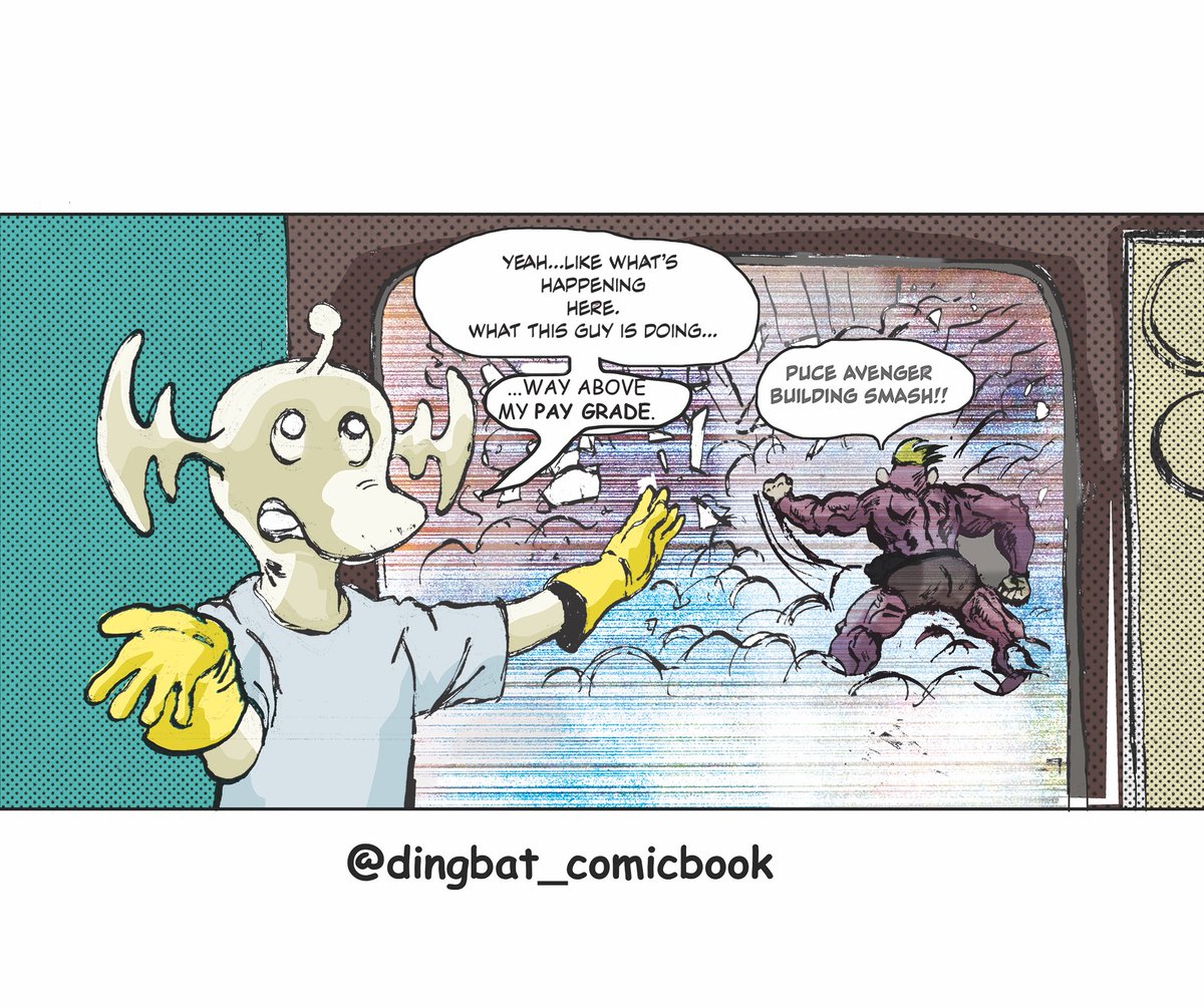 imagevulture's tweet photo. "Dingbat and the Puce Avenger" color testing, lettering not final.
.
logline: https://t.co/dUUJqFD5Zn .
Work in prog pages IG:  @dingbat_comicbook
.
#dingbat ⁣⁣#dingbatcomicbook #dingbat_comicbook #imagevulture #graphicnovel #comicbook #comicart #アメコミ #manga #イラスト https://t.co/WboBC6lIYK