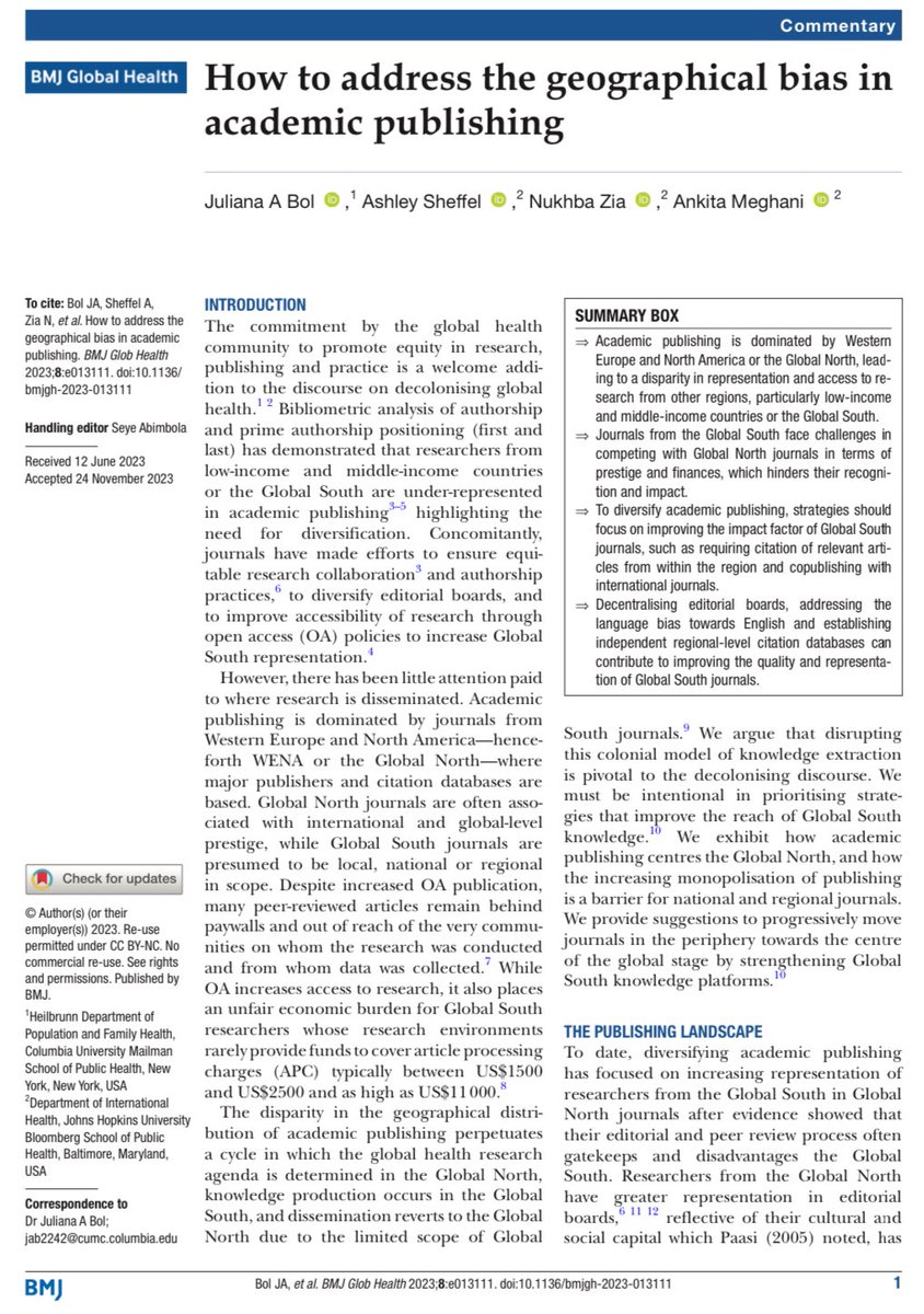 ‘Decentralising editorial boards, addressing the language bias towards English and establishing independent regional-level citation databases can contribute to improving the quality and representation of Global South journals.’

📣 New Commentary ➡️ gh.bmj.com/content/8/12/e…