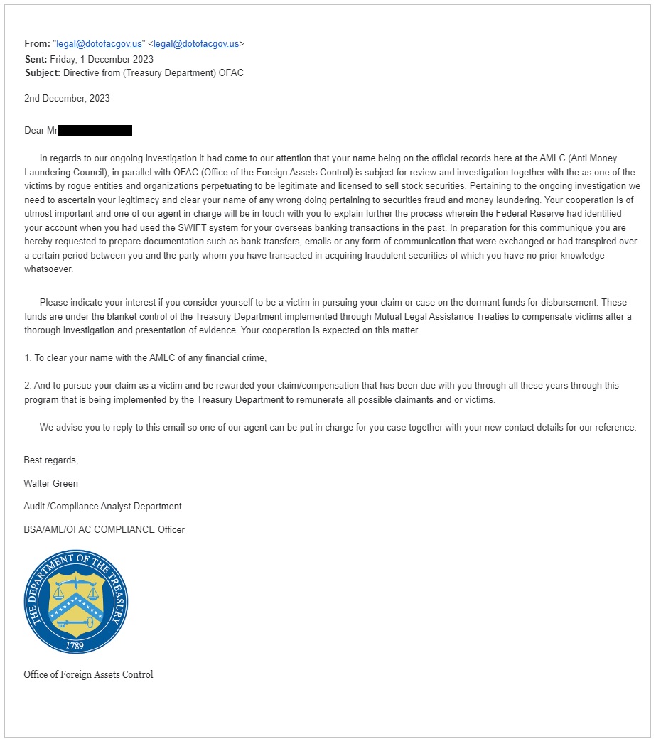 AnalysisERA's tweet image. Public warning against emails followed by a phone call from:
legal@dotofacgov.us
Walter Green
Audit /Compliance Analyst Department
BSA/AML/OFAC COMPLIANCE Officer