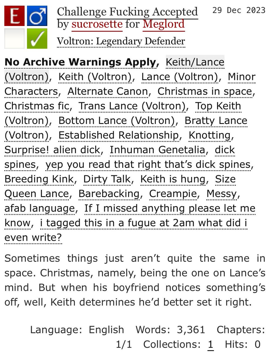 sucrosette's tweet photo. “Challenge Fucking Accepted”
#klance #topkeith #bottomlance
- Rated E for Chrimmus Smut
- Alternate Canon/Missing Scenes, Est. Relationship, Christmas Fic
- Warnings: surprise alien dick & breeding kink. I wasn’t expecting it but here we are 👀
- One-Shot
https://t.co/Fs82ay09e3 https://t.co/R1ajeLFxzj