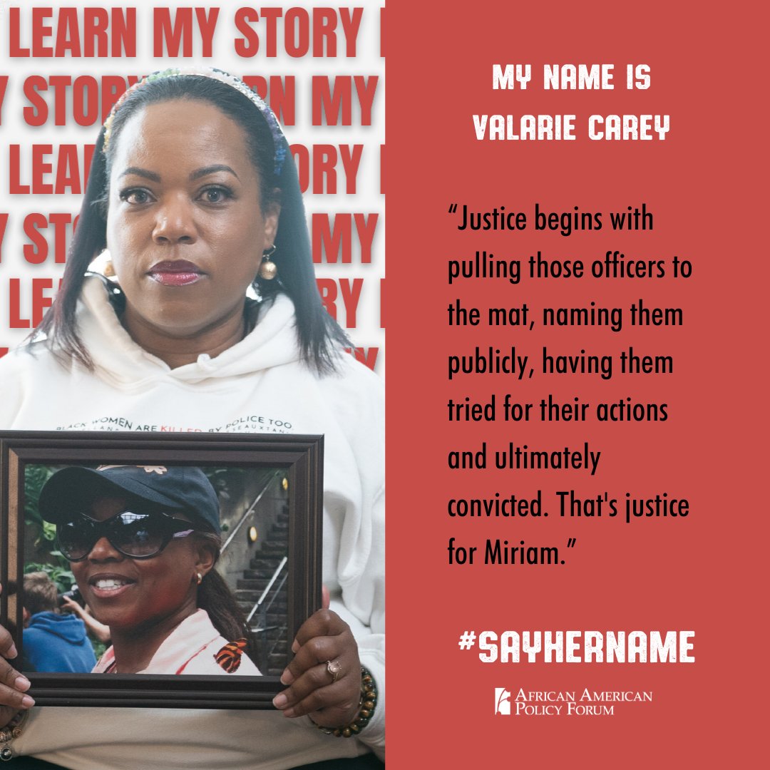 AAPolicyForum's tweet photo. "Justice begins with pulling those officers to the mat, naming them publicly, having them tried for their actions and ultimately convicted. That's justice for Miriam". - Valarie Carey Sister of Miriam Carey #SayHerName as featured in the #SayHerNameBook: https://t.co/4esZoNCoTj https://t.co/ljWr9urd8X