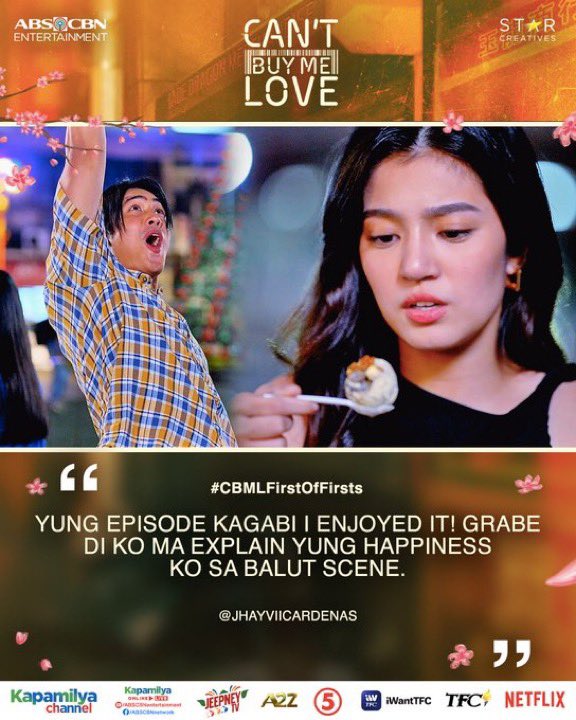 ABSCBNpr's tweet photo. ✅ Viking ✅ Balut ✅ Kuliglig …Ano pa kaya ang mga susunod na #CBMLFirstOfFirsts ng BingLing?

Catch #CantBuyMeLove weeknights at 8:45pm on Kapamilya Channel, Kapamilya Online Live, A2Z, JeepneyTV and TV5 🏷️❤️ https://t.co/JGF2vO5UN9