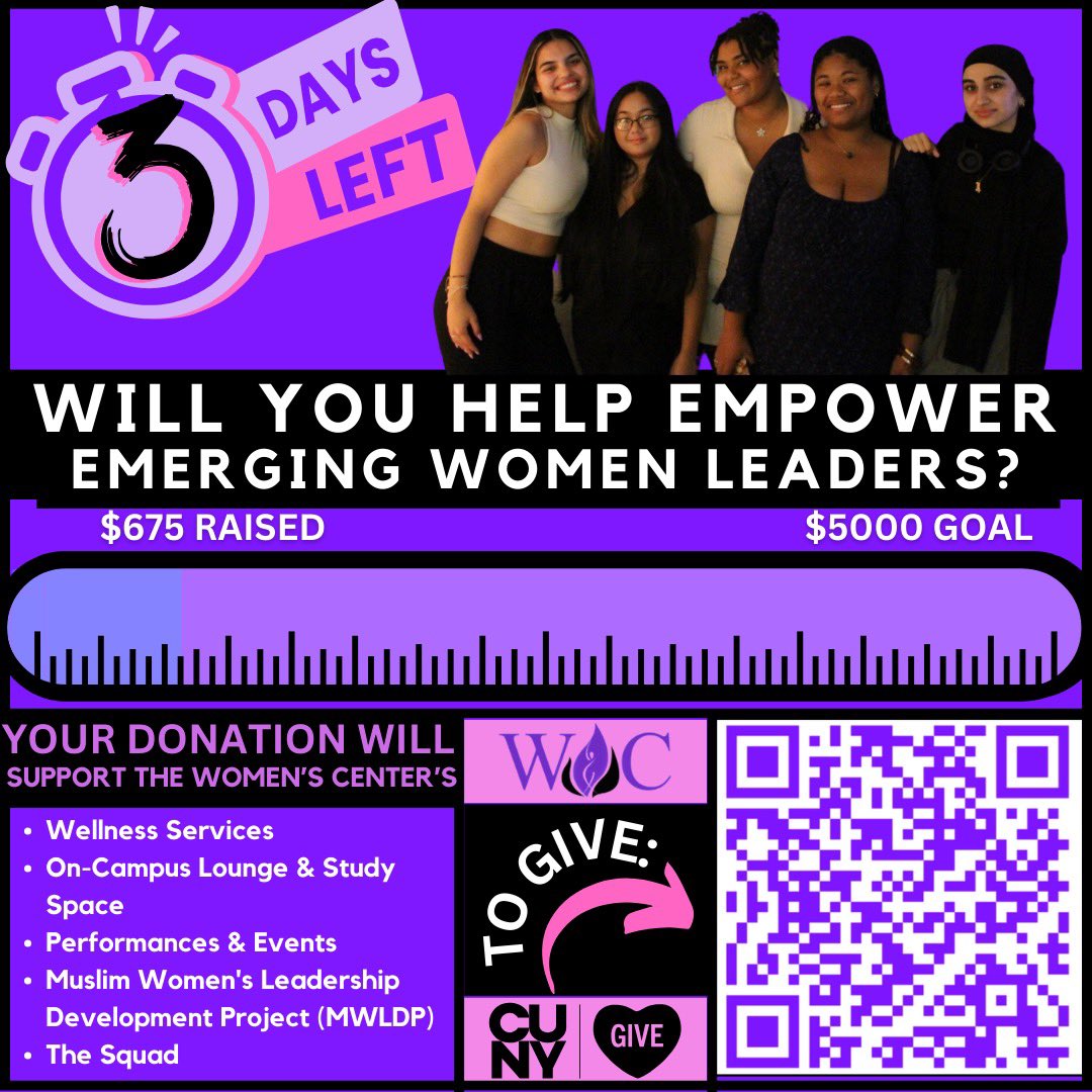 Will you help empower emerging women leaders? The next generation of activists, community advocates & organizers, policy makers, & glass ceiling breakers are here!  🤲🏽Help us meet our goal by visiting visit  cunytuesday.org/p2p/336068/wom… OR scan the QR code!