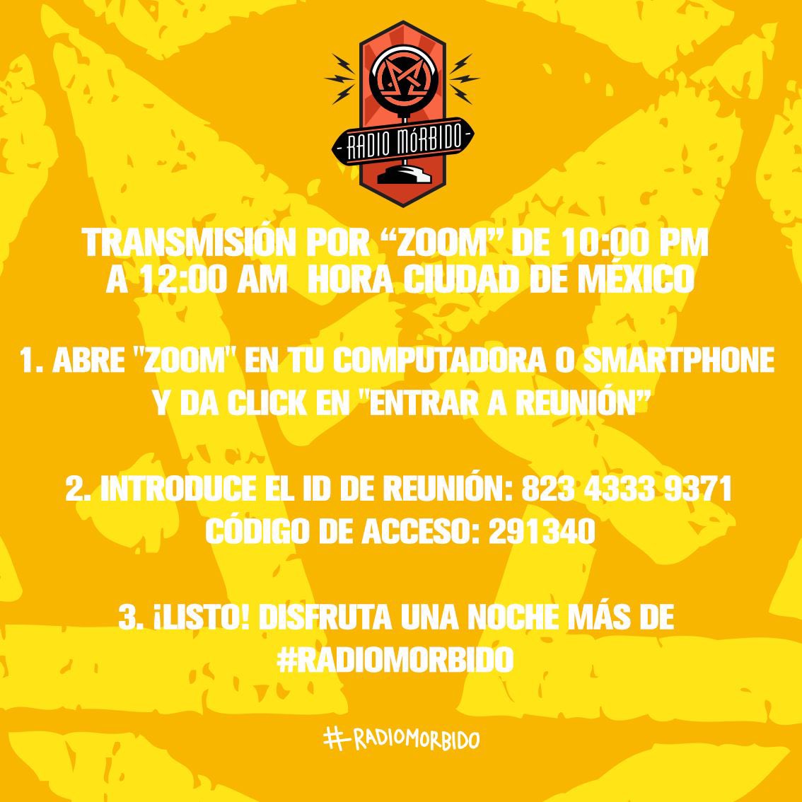 MundoMorbido's tweet photo. HOY VIERNES grabación #RadioMorbido en vivo x zoom, (10:30pm - 12:30am Mexico) con @Pablo_Guisa @EnrricoL y @EricOrtizG #AMARILLO #coloramarillo #yellow @morbidozombiec @morbidoarmy @morbidotv @morbidofest @CinemaInfernoMX https://t.co/SXlh8Zvw9h