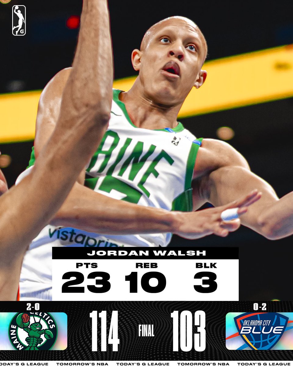 @TheMadAnts @NBAGrandRapids The @MaineCeltics secure another win against the Oklahoma City Blue advancing to 2-0 in the regular season! 💥 Jordan Walsh secured a 23 PTS & 10 REB double-double leading the way for the Celtics! 💥 Peterson: 18 PTS, 6 REB, 4 3PM 💥 Davison: 17 PTS, 10 AST, 5 STL