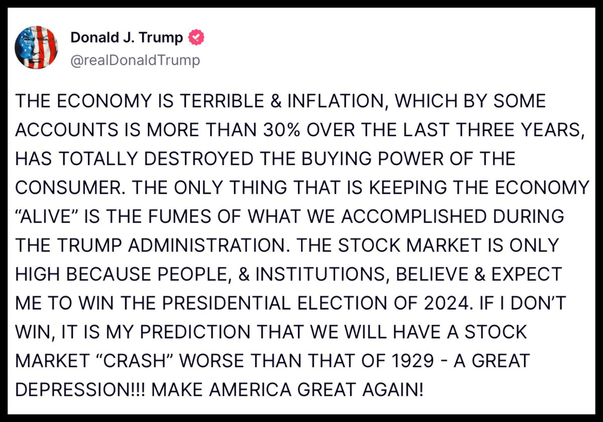 Trump in 2020: "If Biden is elected, the stock market will crash and your 401k will be zero.”

Trump today when the Stock market at an all-time high: it's only high “because people &amp; institutions believe &amp; expect me to win the presidential election of 2024.”

Seriously, why would