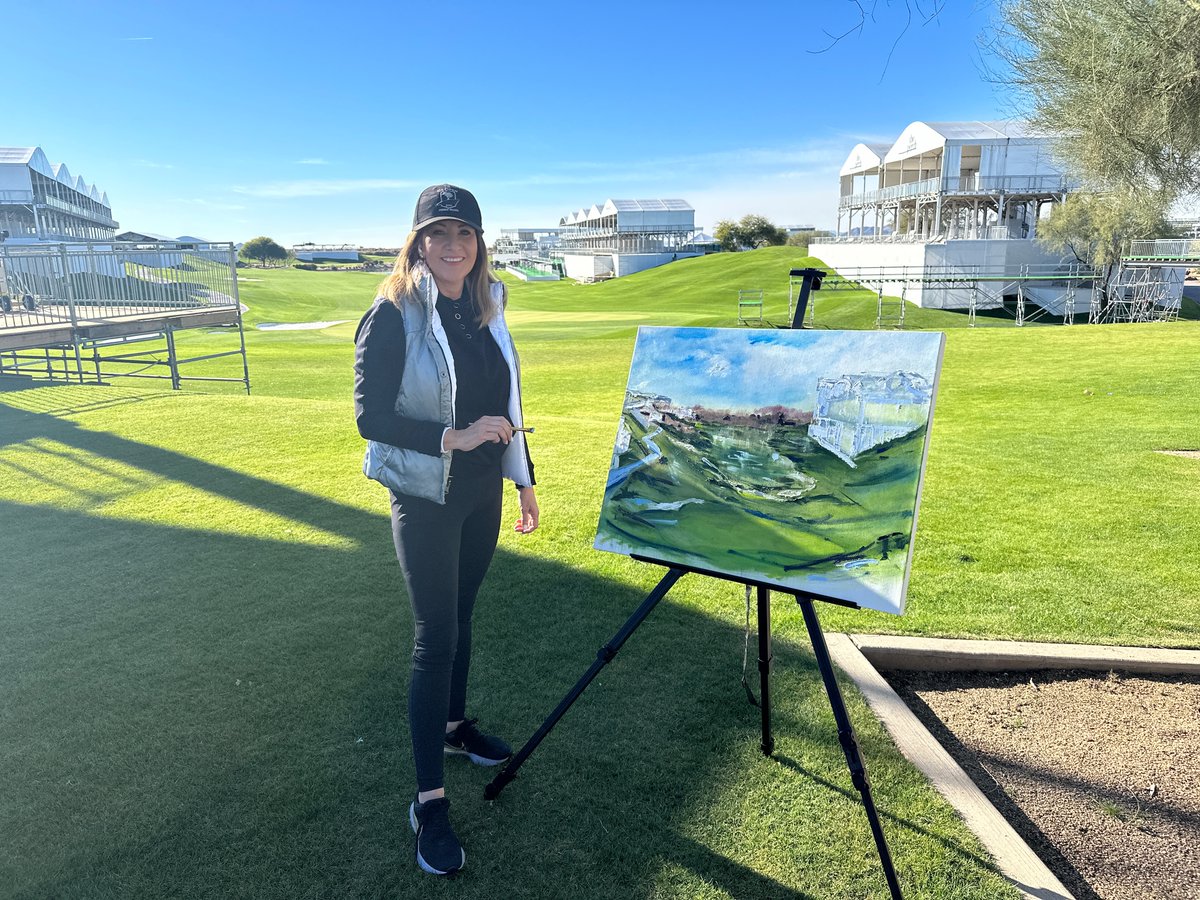 Still lot's to go but loved getting out here at TPC Scotsdale Golf Course on the 18th hole.  The Waste Management Phoenix Open is underway! #cynsilvaart #golfart #golfartist #golfcourse #artist #art #artistinaz #oilpainting #originalart