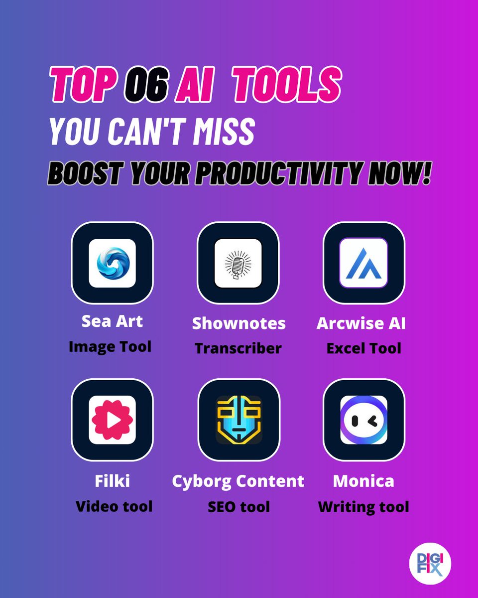 digifixaus's tweet image. Are you ready to supercharge your productivity with these must-have AI tools? 😀
#AIProductivityTools #TechInnovation #WorkSmarterNotHarder #DigitalProductivity #AIRevolution #EfficiencyBoost #marketingdigital #digitalmarketer 
#OnlinePresence #DigiFix