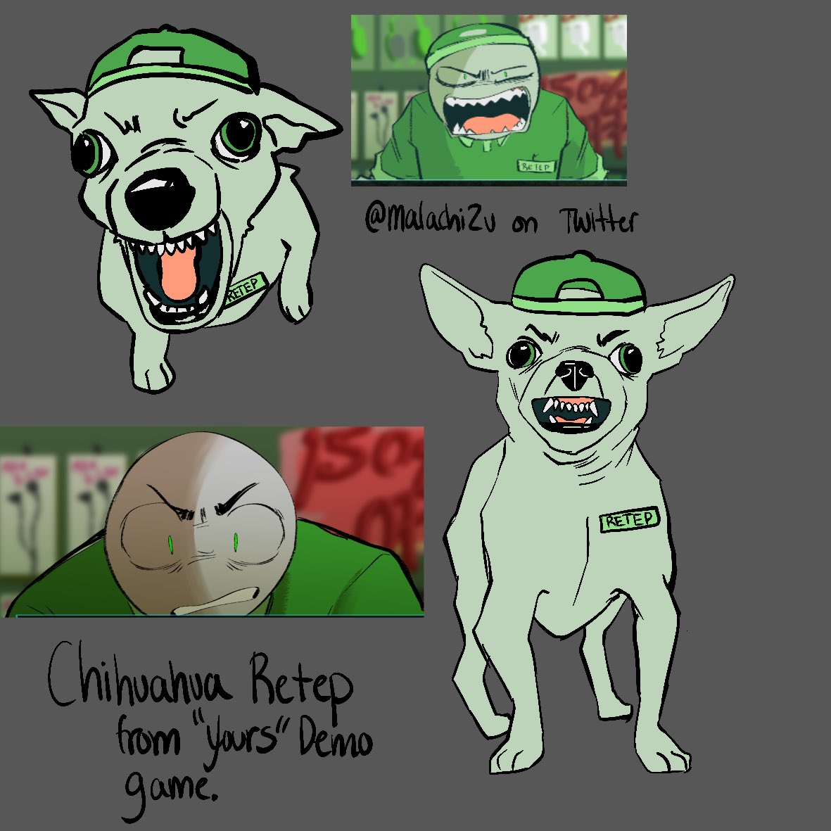 Streaming the “Yours” demo game in the new discord server and we got into the topic of Retep being like an angry chihuahua, so I had to draw it.

SPOILERS BTW???? I guess???

#Yoursdemo