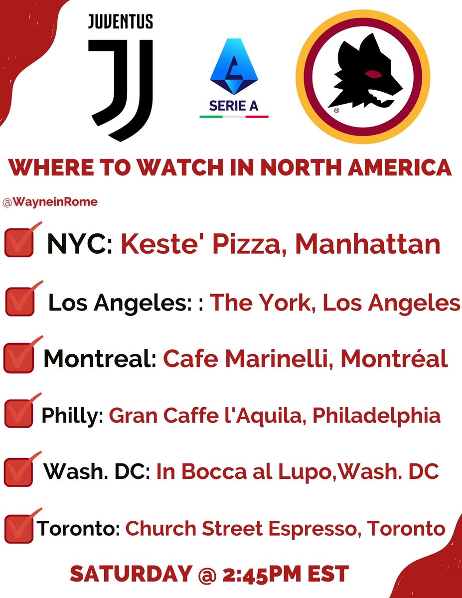 WayneinRome's tweet photo. Where to watch #JuveRoma for i lupi of North America 🐺 https://t.co/af6JTBELQM