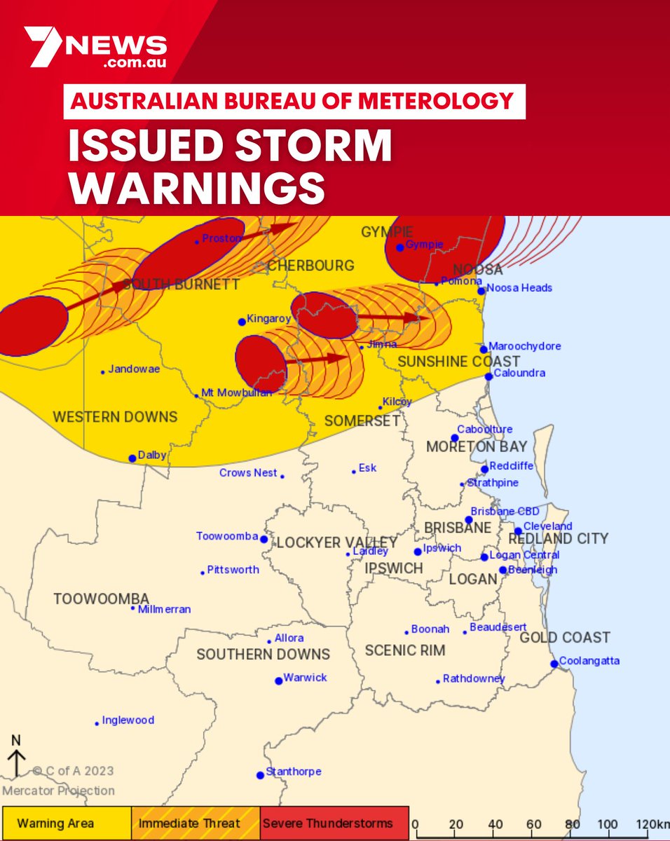 The Bureau of Meteorology warns that severe thunderstorms likely to produce heavy rainfall that may lead to flash flooding, damaging winds and large hailstones were detected in the following areas. #7NEWS #severeweather #qldweather