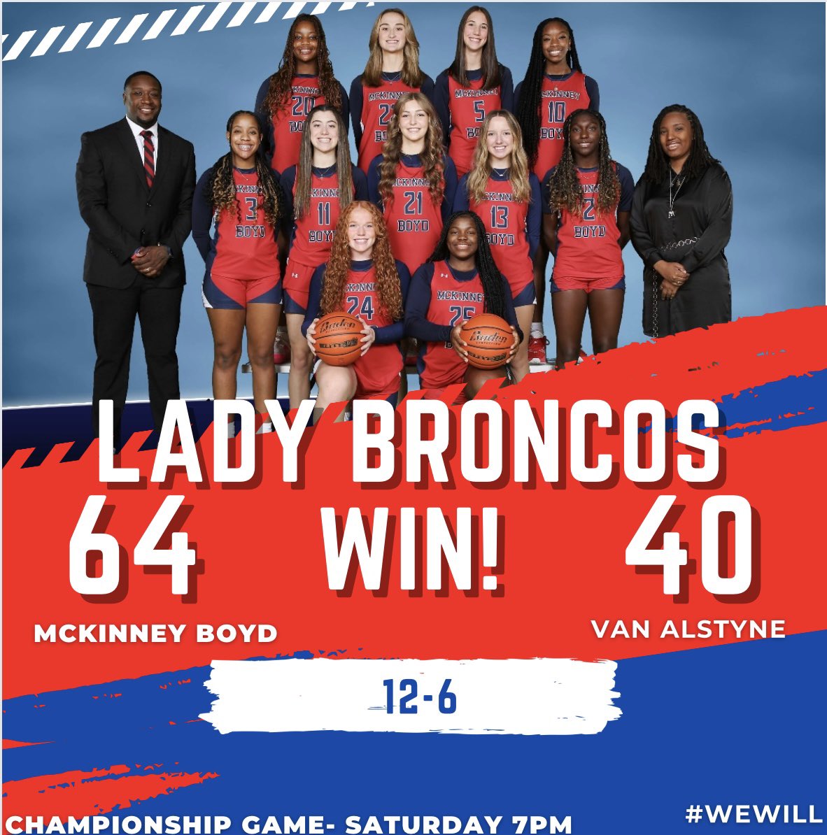 MBLadyBroncos's tweet photo. Lady Broncos leading contributors against Van Alstine!
Savannah Heihn-14pts
Karah Riley-10pts
Lauren Watkins-10pts
Ally Massad-9pts
The Lady Broncos will play in the Championship game Saturday at 7pm at Leonard High School.
#WEWILL https://t.co/P41IxmRQYl