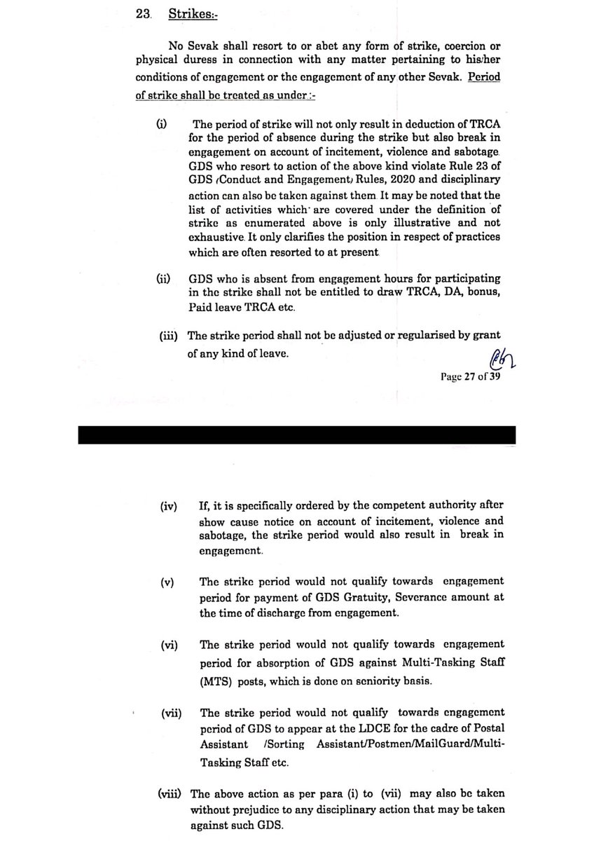 भर्ती की शर्तें तथा निष्कासन एवं हड़ताल संबंधी नियम यहां डाल रहा हूं। स्थिति को समझने में आसानी होगी।
ठीक है, 3 साल तक जीडीएस को एक नोटिस देकर निकाल सकते हैं। लेकिन उसका भी कोई आधार तो होगा ही?
सारे निष्कासन दिसम्बर 2023 में ही क्यों हुए?
क्या हड़ताल को ही इसका आधार माना गया?