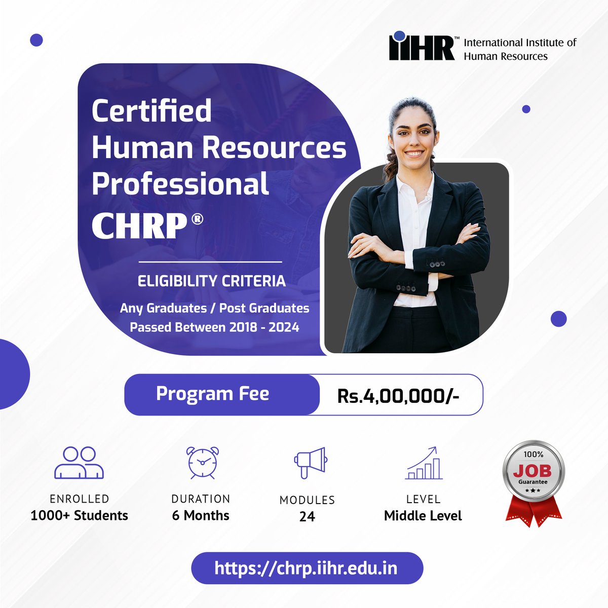 iihreducation's tweet image. 🌟 Ready to excel in HR? Enroll in our Certified Human Resources  Professional Program! 🎓✨ 6 Months Training with 100% Placement  Guarantee. 🌐 Visit chrp.iihr.edu.in or call/WhatsApp 703 703 4447. #HRTraining #PlacementGuarantee hrcourses #hrcertifications #iihr