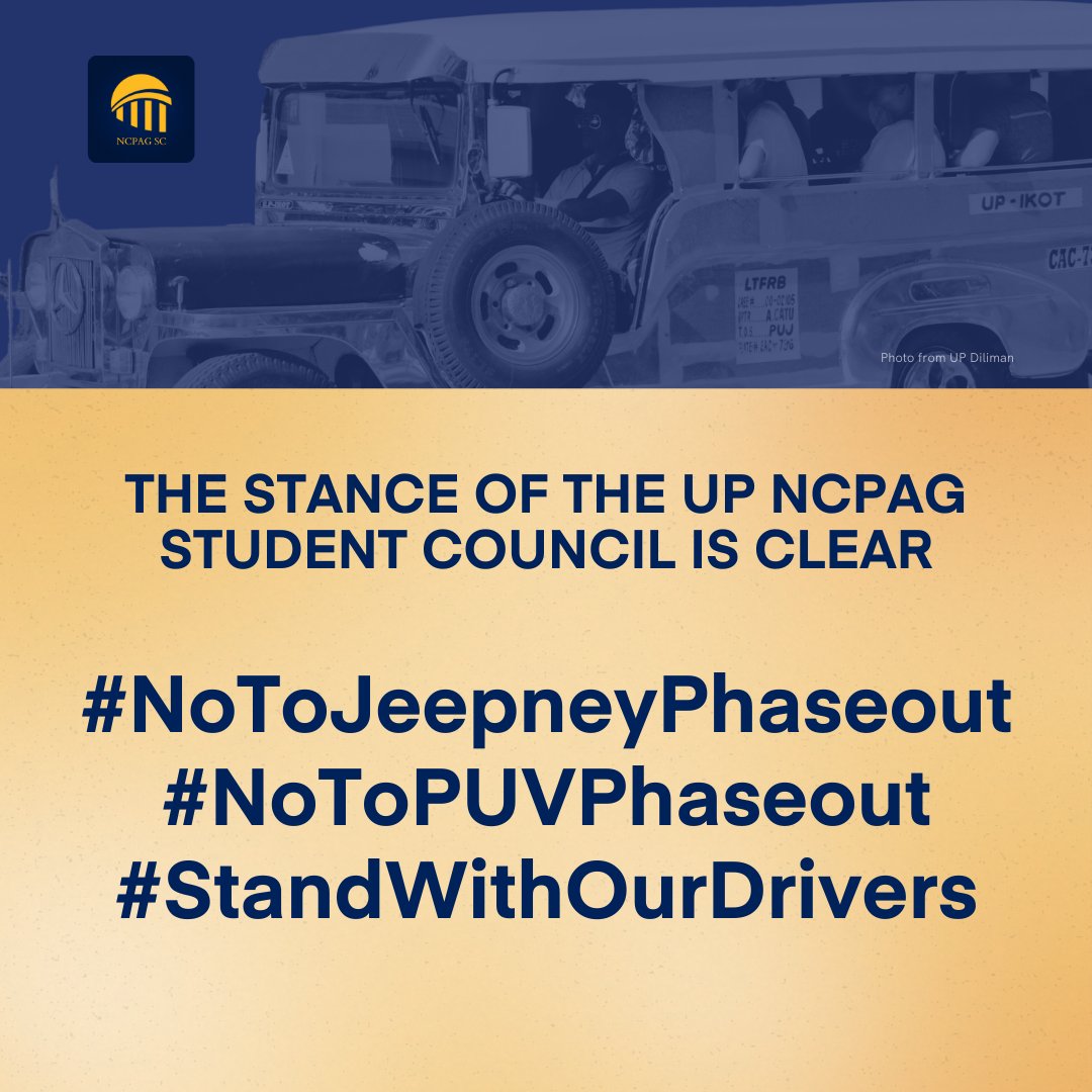 upncpagsc's tweet photo. In pursuit of NCPAGโs mission to serve as a โsocial critic, promote good governance, and contribute to a just, humane, and peaceful world,โ our call is clear:
#NoToJeepneyPhaseout #NoToPUVPhaseout #StandWithOurDrivers https://t.co/ALyjUekJkm