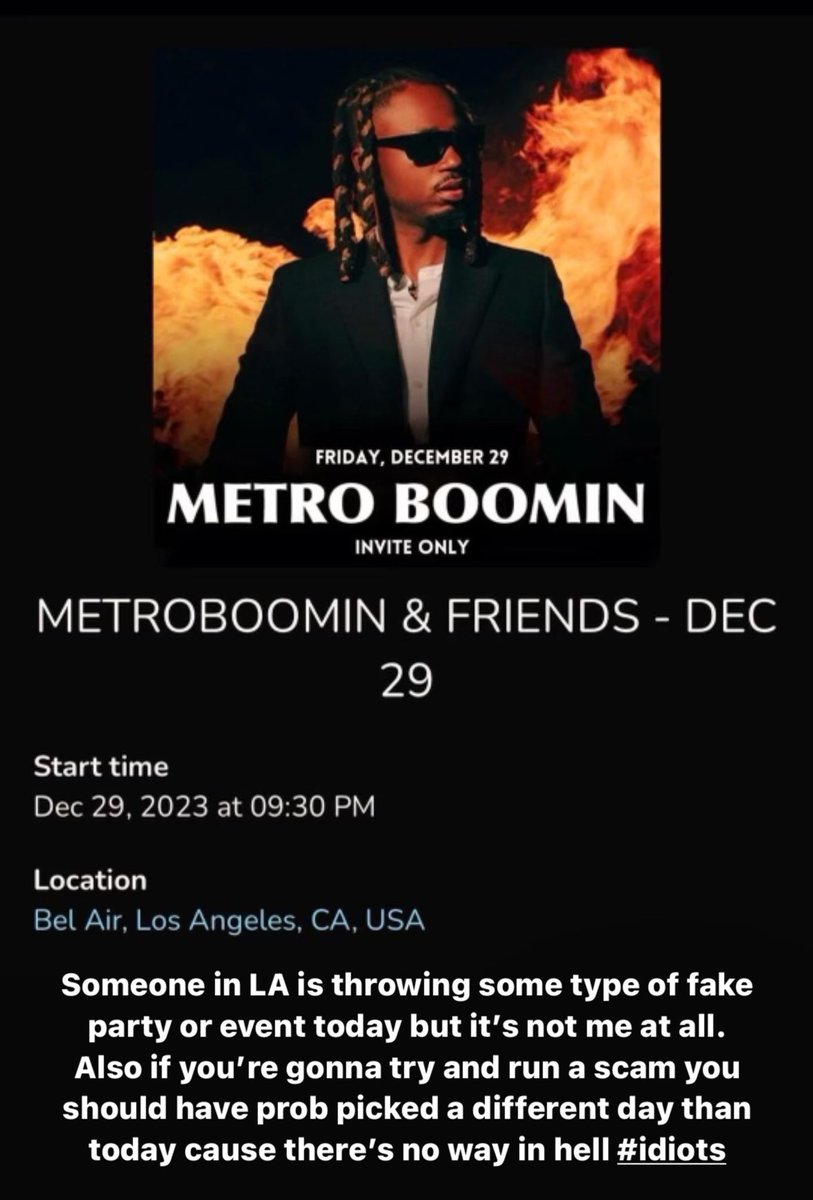 MetroBoomin's tweet photo. FAKE EVENT ALERT IN LA 
SPREAD THE WORD 🗣️🗣️🗣️ https://t.co/S4bgZ0jgZ6