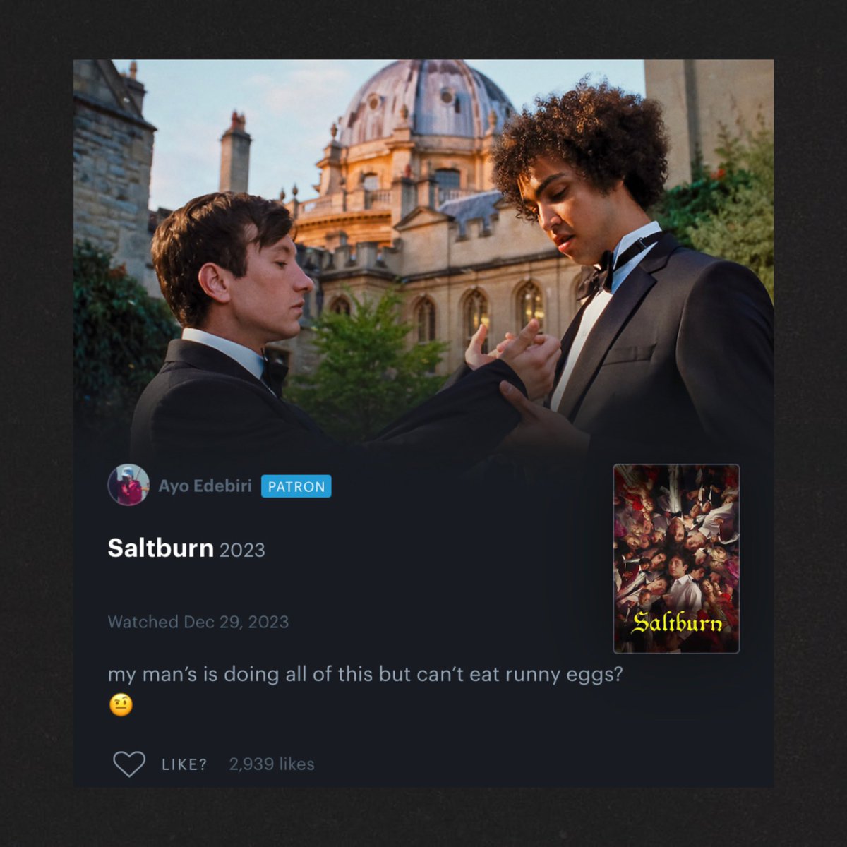 FilmUpdates's tweet photo. Ayo Edebiri’s review of ‘Saltburn’ on @Letterboxd: 

“my man’s is doing all of this but can’t eat runny eggs? 🤨” https://t.co/HhLnlRYYsd