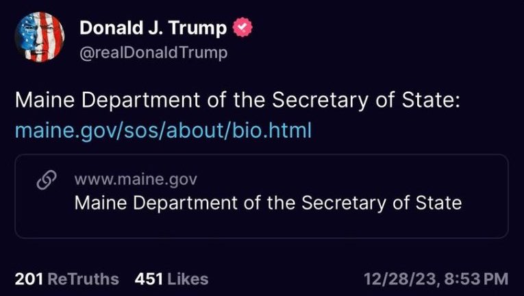 AntiTrumpCanada's tweet photo. This motherfucker right here. Puts out a hit on Maine’s Secretary of State while facing 91 criminal charges. He violates gag orders, holds hate rallies, plays golf at his shitty resort, all while under secret service protection at the U.S. taxpayers expense. What a fucking joke. https://t.co/qtUWDkiKZY