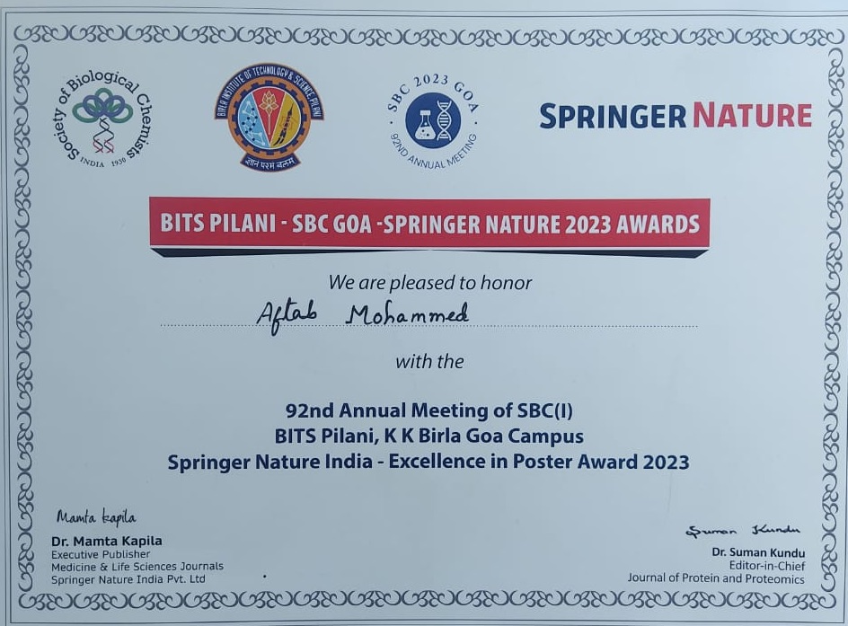Some excellent news at the end of the year. Rimpy Arun and Aftab Mohammed from my lab in NII attended SBC(I) meeting in BITS, Pilani, Goa. Both got best poster awards. Congrats. Proud of you. @NImmunology