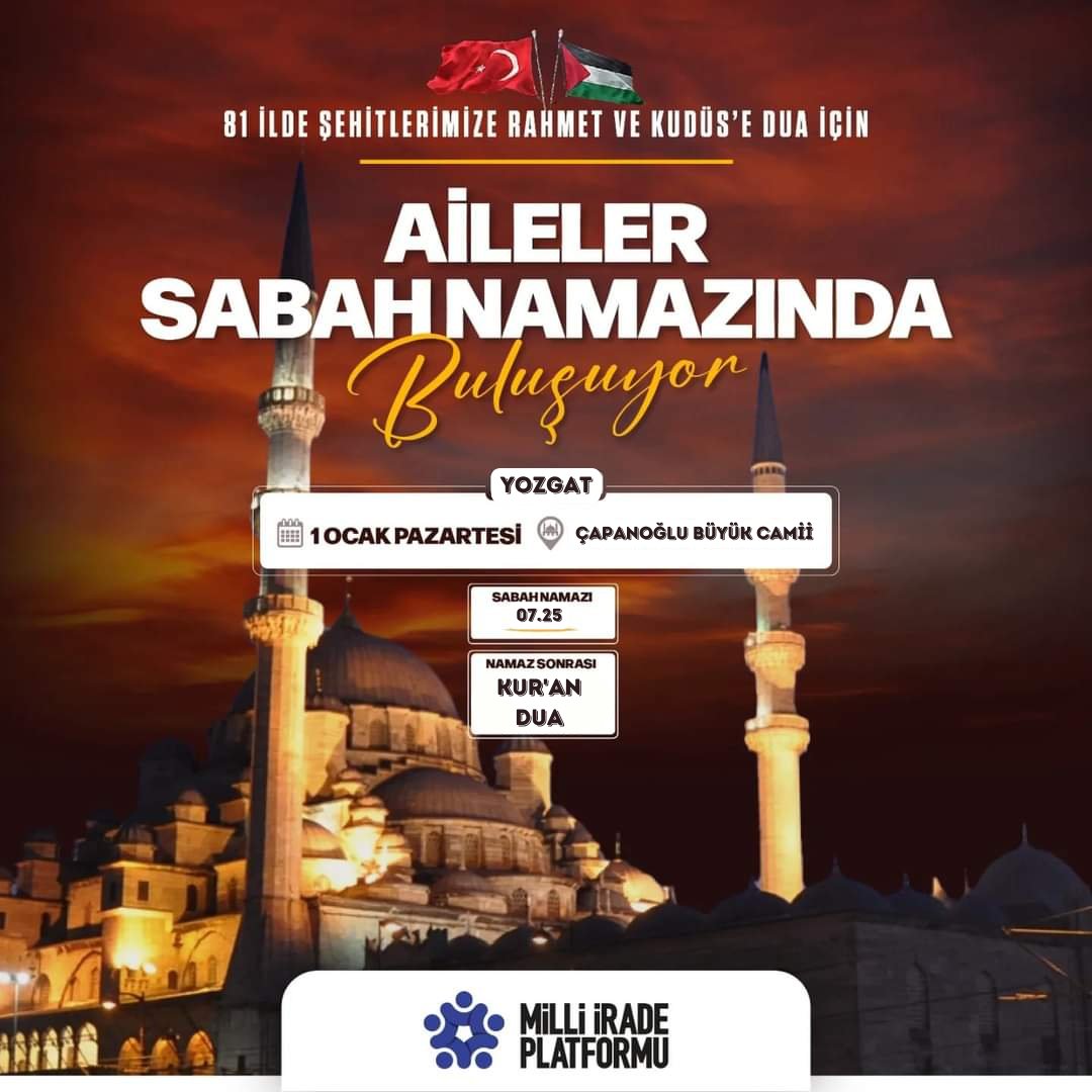 Şehrimizdeki STK ların katılımıyla oluşan MİLLİ İRADE PLATFORMU olarak, 81 İLDE ŞEHİTLERİMİZE RAHMET VE KUDÜS İÇİN DUA programı için Tüm hemşehrilerimizi aileleri ile 1 OCAK SABAH NAMAZINDA ÇAPANOĞLU BÜYÜK CAMİİ ne DAVET EDİYORUZ. 

<a href="/OnderYozgat/">YOZGAT ÖNDER</a> 
<a href="/onderihl/">ÖNDER</a> 
<a href="/aceylantr/">Abdullah Ceylan</a> 
<a href="/herkes/">herkes</a>