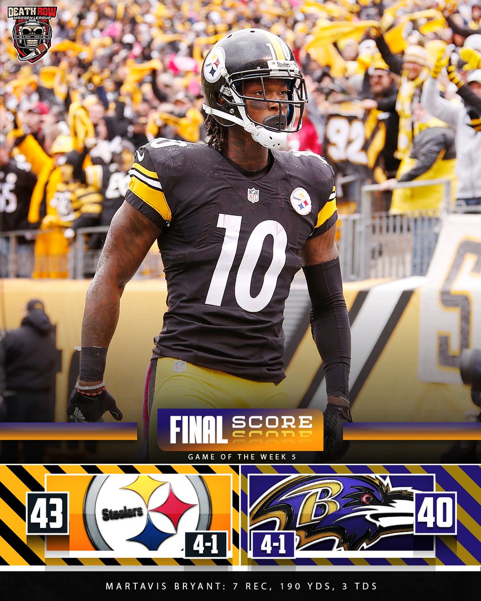 DeathRowLG's tweet photo. Pittsburgh Steelers have Won GOTW Week 5   

Steelers 43 Ravens 40  

This could be the Game of the Season. The Rematch from Superbowl 4 was a game to remember!                

#FranchiseNation #FixFranchise #DeathRowLG
@NeonSportz | @ORLOutlaws | @OrlOutlawEsport https://t.co/pXiygjVrbH
