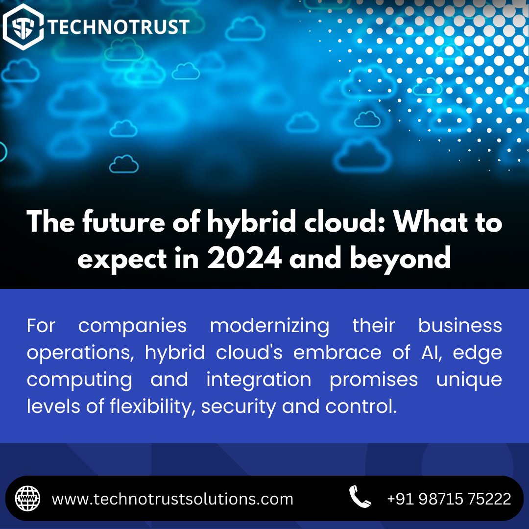 TechnotrustS's tweet image. The future of hybrid cloud: What to expect in 2024 and beyond!!
.
.
.
#HybridCloud2024 #CloudComputingFuture #DigitalTransformation
#NextGenCloud #CloudInnovation #MultiCloudStrategies
#FutureTechTrends #HybridIT #EdgeComputing #CloudSecurity #AIinCloud
#DataPrivacy