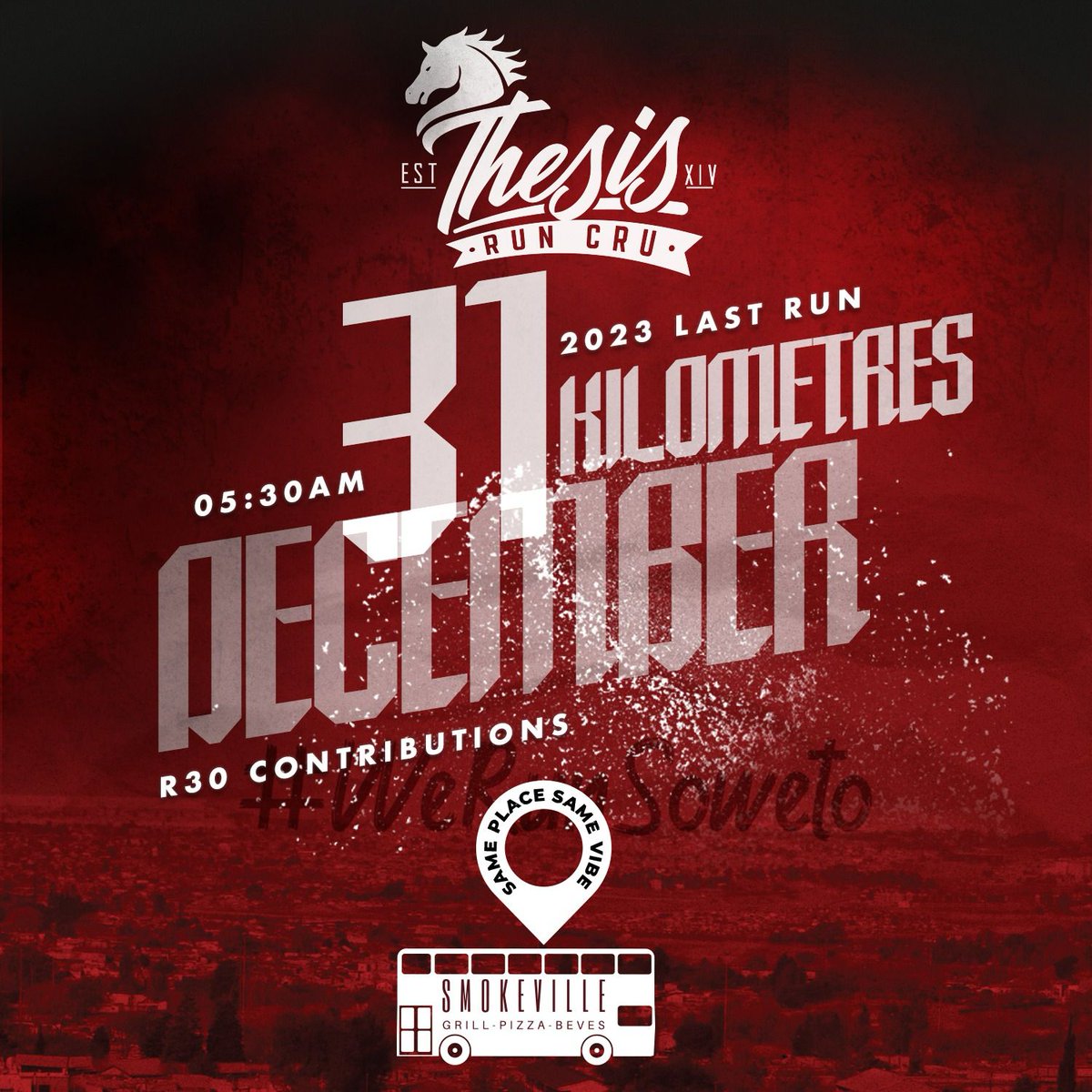LeratoIsMyName's tweet photo. Come join us for the last run for the year running the streets of Soweto.
NB: Start time 5:30am ๐ค
#WeRunSoweto
#GoodVibesOnly
#ThesisRunCru
#RunPartyRepeat
#CruLove
#Slyza
#RunningCulture
#RunAsOneCome https://t.co/byqmIZV2Nk
