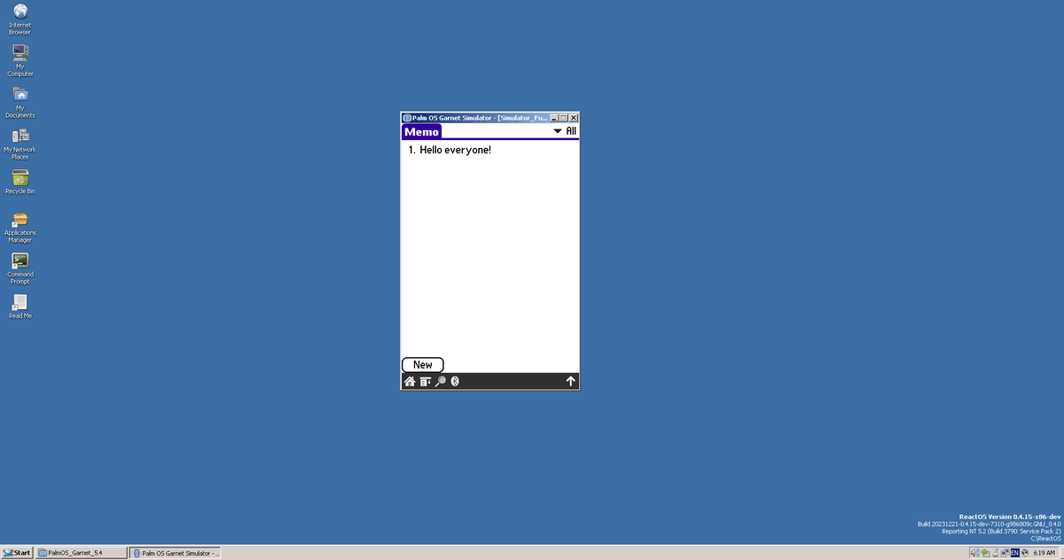 Nergahak2's tweet image. Palm OS Garnet 5.4 in ReactOS.

#Palm #PalmSimulator #PalmOS #ReactOS