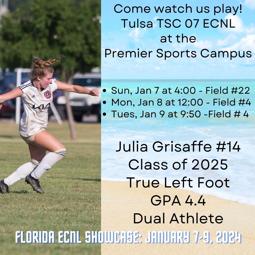 Julia Grisaffe (@grisaffejulia) on Twitter photo We are headed to the ECNL Florida Showcase next weekend! Looking forward to another great showcase and great weather! <a href="/TulsaSC_07_ECNL/">Tulsa SC 07 Girls ECNL (25/26)</a> <a href="/TulsaSC/">Tulsa Soccer Club</a> <a href="/EcnlTexas/">ECNL Girls Texas Conference</a> <a href="/ImCollegeSoccer/">College Soccer Truth โข</a> <a href="/TopDrawerSoccer/">TopDrawerSoccer</a> <a href="/CoachLewisAmos/">Lewis Amos</a> <a href="/PrepSoccer/">Prep Soccer โฝ๏ธ</a> <a href="/ImYouthSoccer/">ECNL/GA/Recruiting/College Soccer</a> We are headed to the ECNL Florida Showcase next weekend! Looking forward to another great showcase and great weather! <a href="/TulsaSC_07_ECNL/">Tulsa SC 07 Girls ECNL (25/26)</a> <a href="/TulsaSC/">Tulsa Soccer Club</a> <a href="/EcnlTexas/">ECNL Girls Texas Conference</a> <a href="/ImCollegeSoccer/">College Soccer Truth โข</a> <a href="/TopDrawerSoccer/">TopDrawerSoccer</a> <a href="/CoachLewisAmos/">Lewis Amos</a> <a href="/PrepSoccer/">Prep Soccer โฝ๏ธ</a> <a href="/ImYouthSoccer/">ECNL/GA/Recruiting/College Soccer</a>