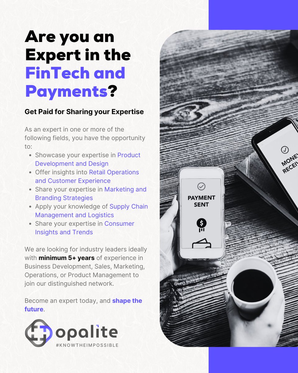 OpaliteNetwork's tweet photo. At @OpaliteNetwork, we are always on the lookout for the best of Experts each and every Industry has to offer.
Join our Network today, and Shape the Future.
To become an expert, visit: https://t.co/M6BZ7nSTGR
#Opalite #KnowTheImpossible #ExpertNetwork #Fintech https://t.co/hTNl8KNFnw