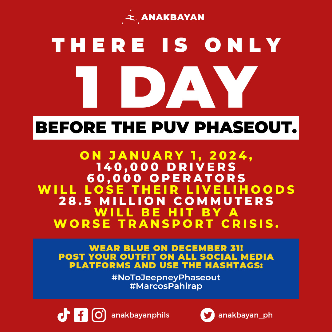 BUKAS, PUV PHASEOUT NA. 

Tatanggalan ng kabuhayan ang 200,000 tsuper at operator. Mawawalan ng sasakyan ang 28.5 milyong komyuter.

Ang may kasalanan? si Marcos Jr. at ang kaniyang ganid, pahirap, at walang pusong gobyerno!

#NoToJeepneyPhaseout
#MarcosPahirap