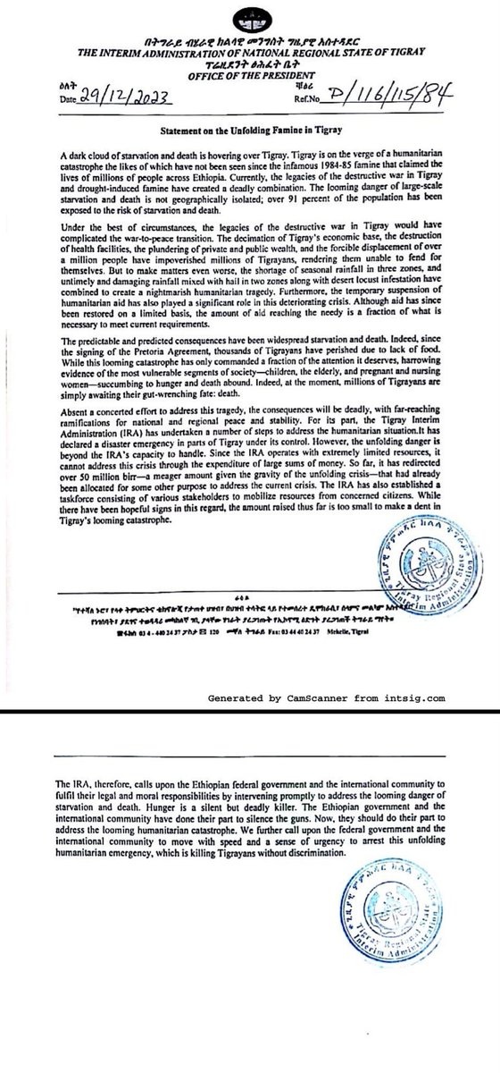 RAbdiAnalyst's tweet photo. #ALERT 

Ethiopia's Tigray Region on the brink of a catastrophic famine similar to the one that ravaged the region in the 1980s, says interim regional government of Tigray

Statement. 👇 https://t.co/uNdKW2lKfX