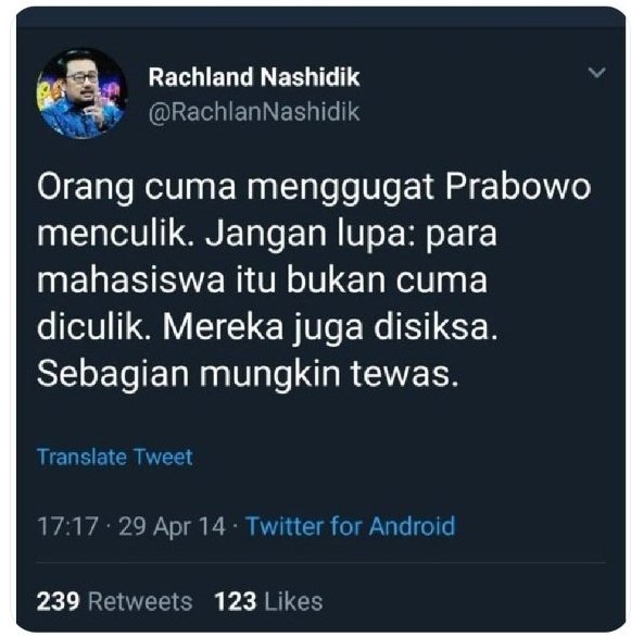 <a href="/rachlannashidik/">Rachland Nashidik</a> <a href="/aniesbaswedan/">Anies Rasyid Baswedan</a> Ah pecundang spt ini aja masih berkeliaran koq !
