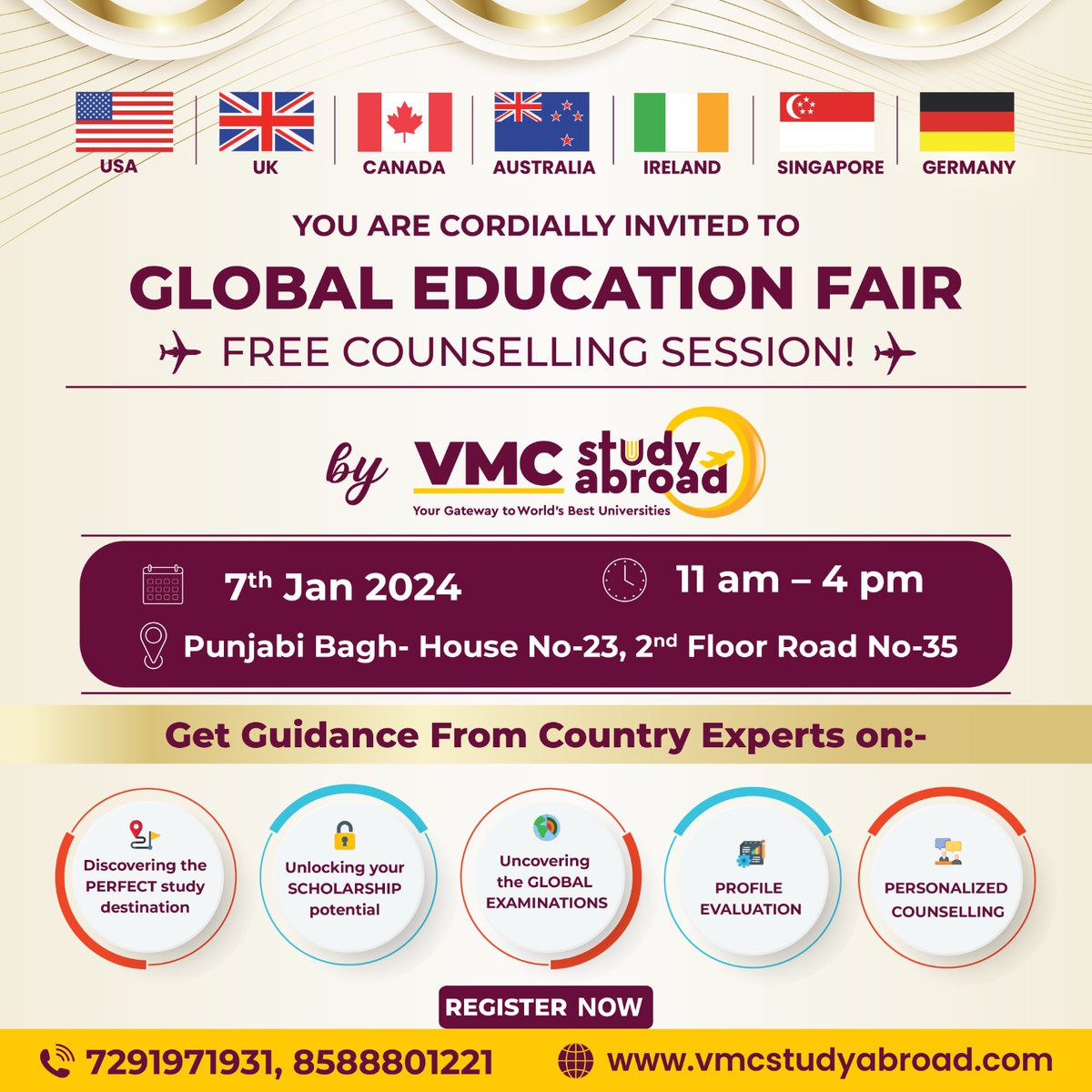 vmcstudyabroad's tweet photo. Ready to kickstart your global journey? You are formally invited to the #GlobalEducationFair hosted by #VMCStudyAbroad, scheduled for January 7, 2024, at 11:00 am!
Free Register Now :- https://t.co/Unwt9V2zEt
#VMC #studyabroad #StudyAbroadOpportunities #VMCStudyAbroadEvent https://t.co/sO0k8ySF7K