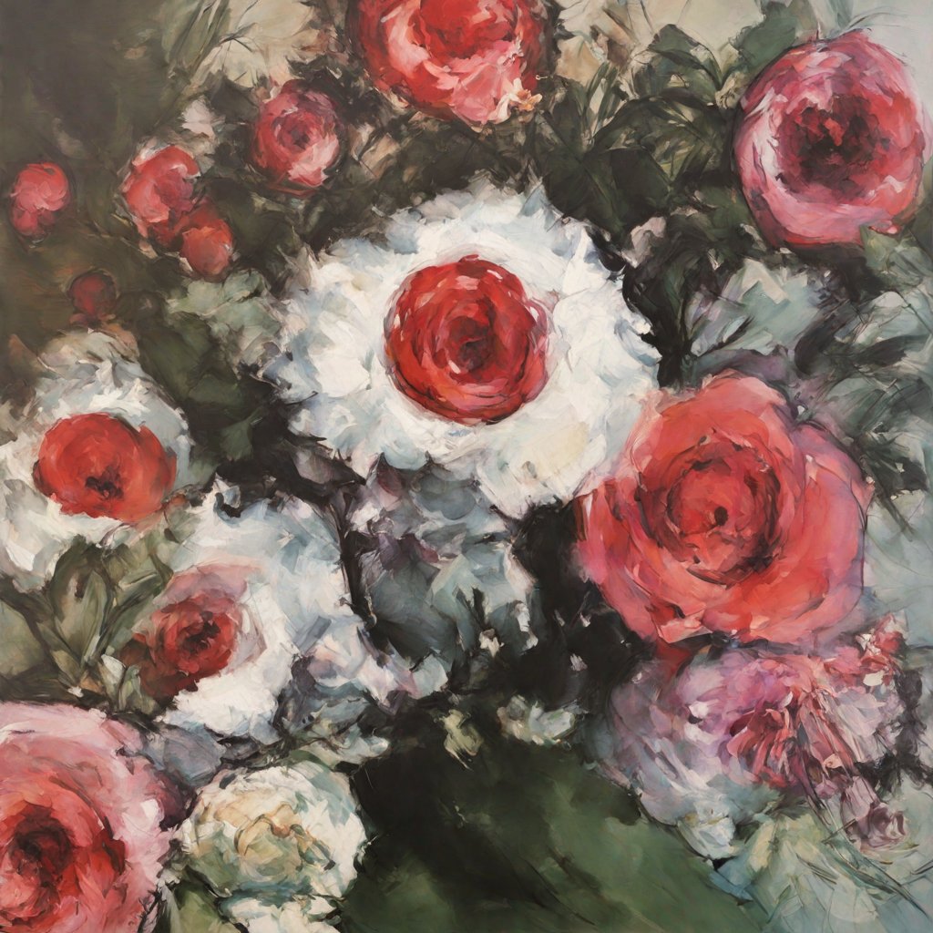 A symphony in bloom, this canvas celebrates the raw beauty of nature. Brushstrokes converge into a #FloralFantasy, where petals and shadows dance in harmony. 🌹
