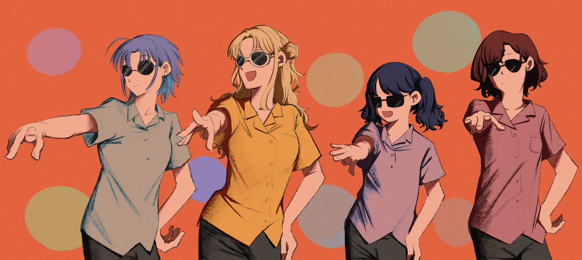asakura toru ,fukumaru koito ,higuchi madoka ,ichikawa hinana 4girls multiple girls sunglasses shirt brown hair short hair blue hair  illustration images