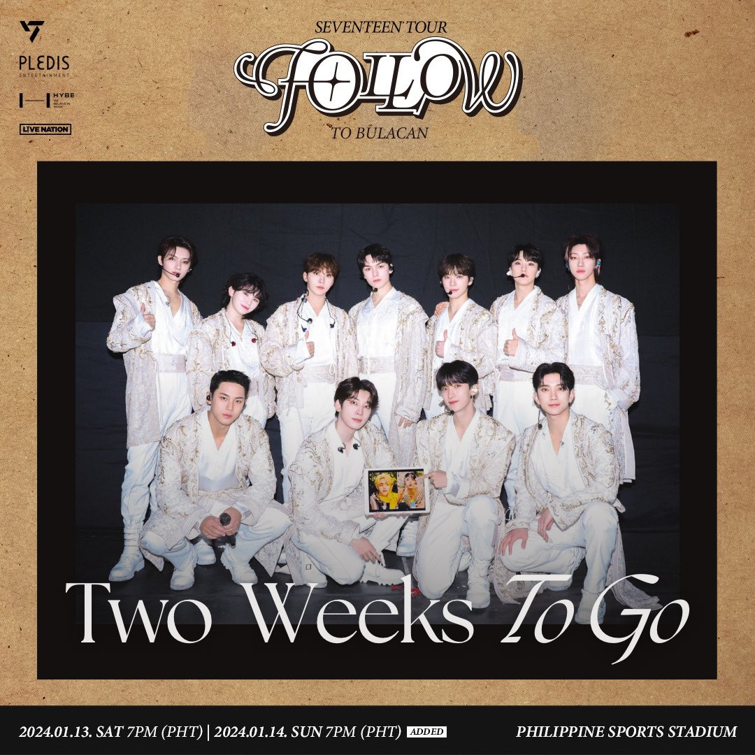 Philippines, you are next! FOLLOW TO BULACAN will be SEVENTEEN’s first tour stop of 2024 🇵🇭

Get ready to kung chi pak chi kung kung chi pak chi ye with SEVENTEEN at the Philippine Sports Stadium on January 13 and 14!

#FOLLOW_TO_BULACAN by <a href="/livenationph/">Live Nation PH</a>