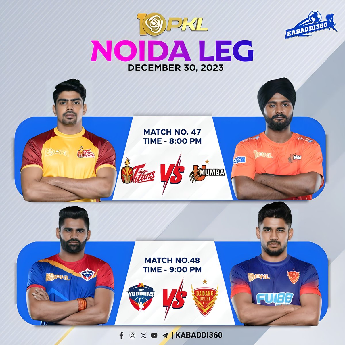 Kabaddi_360's tweet photo. Pawan will be in Action today against U Mumba, Home team U.P. Yoddhas will fight Naveen Express Dabang Delhi K.C.
.
.
.
.
.
#TTvsMUM #UPvsDEL
#telugutitans #UMumba
#UPYoddhas #dabangdelhikc
#Prokabaddi #pkl2023 
#pklseason10 
#kabaddi360 https://t.co/TDfkrGycSM