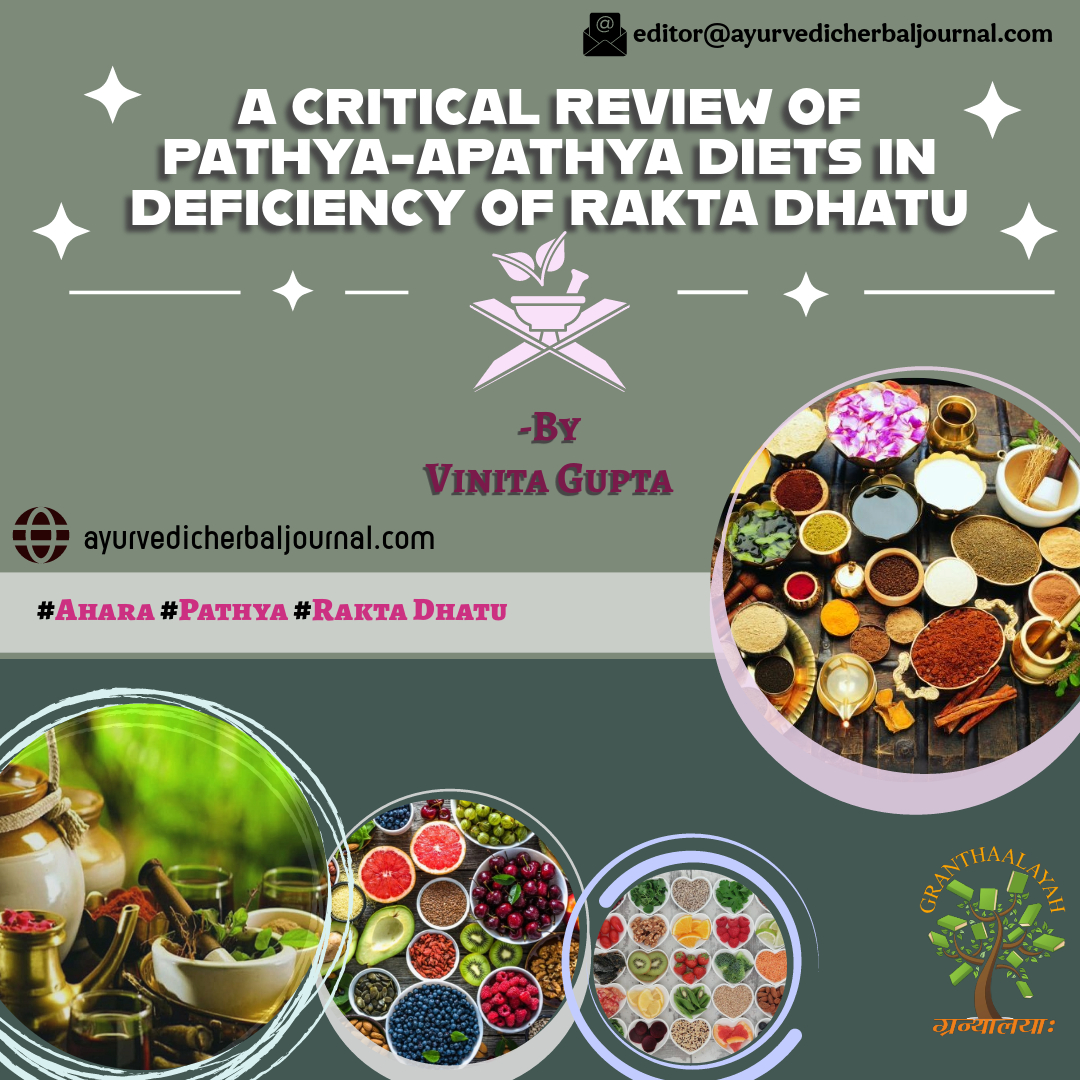 Click the link for the submission: bit.ly/3NqFZ2y

Read this article on: doi.org/10.29121/jahim…

Email us: editor@ayurvedicherbaljournal.com

#granthaalayah #ahara #pathya #raktadhatu

"A CRITICAL REVIEW OF PATHYA-APATHYA DIETS IN DEFICIENCY OF RAKTA DHATU"