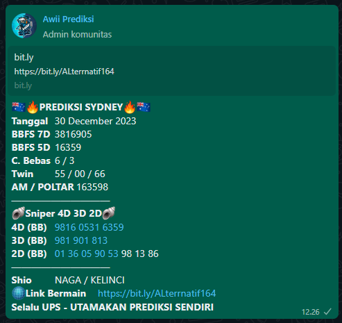 AwiPrediksi's tweet photo. Angka Paten SYDNEY Bossku semoga di SAH kan bandoot , jangan lupa di kolepp kembali dengan angka bossku 🤝🤝🔥 SALAM HORMAT BOSSKU

Gabung prediksi Awii lengkap dan gratis di wa:
📲 0813-2039-2590 https://t.co/mxqnZouz62
