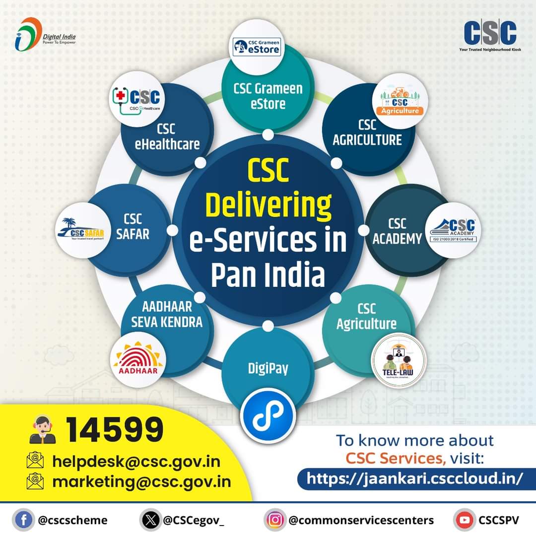 CSC - Your Trusted Neighbourhood Kiosk...

Delivering e-Services in PAN India...

To know more about #CSC Services, visit: jaankari.csccloud.in

For queries, call 14599 or write to helpdesk@csc.gov.in

#DigitalIndia #CSCJaankariPortal  #JaankariSuvidhaPortal #DigitalInclusion