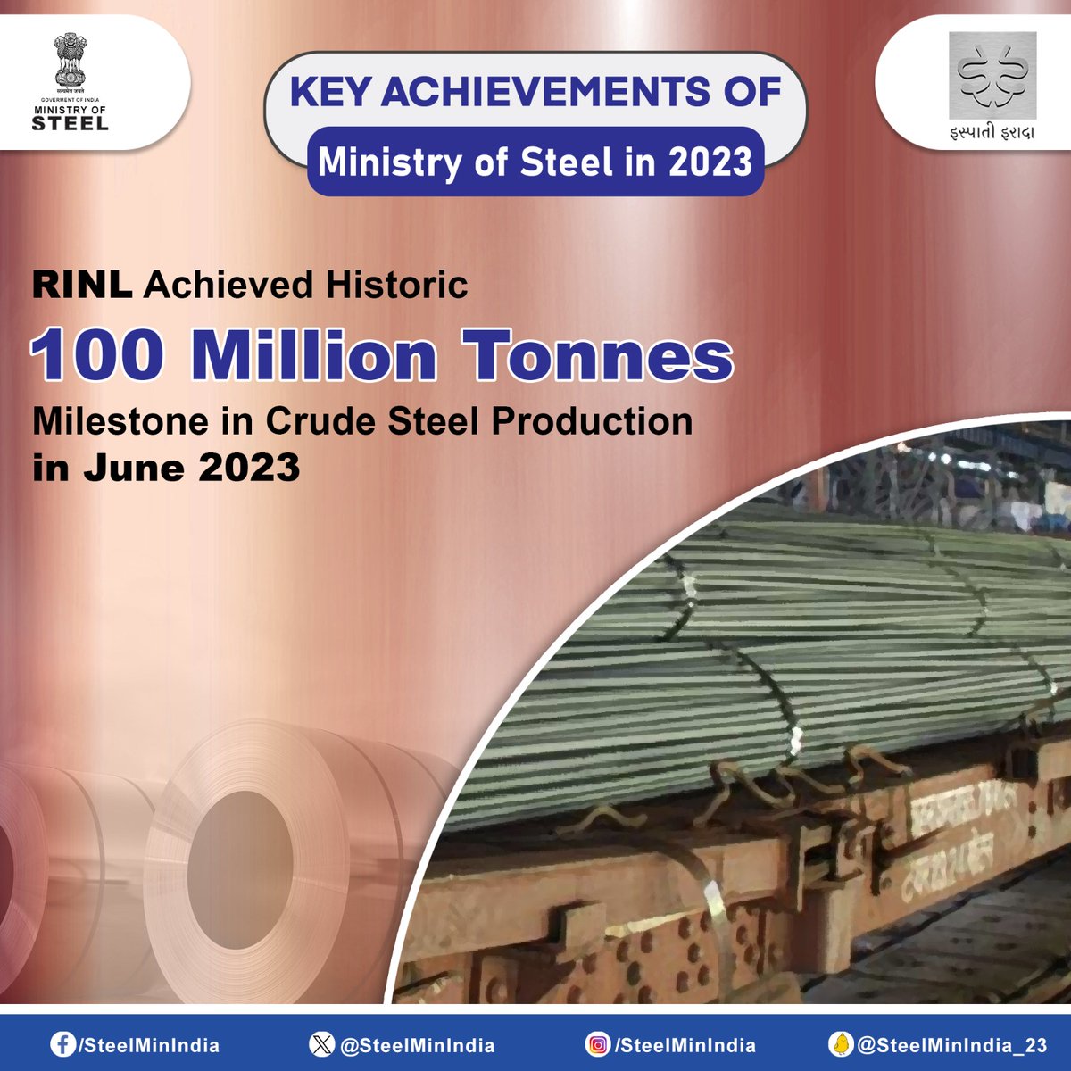 SteelMinIndia's tweet photo. In a year of triumphs, @RINL_VSP surpassed the 100 million tonnes mark in #CrudeSteelProduction in June 2023. A testament to steel excellence!🏭

#YearEndReview #SteelMilestone #RINL #ViksitBharatSankalpYatra #HamaraSankalpViksitBharat https://t.co/k5ejingWE1