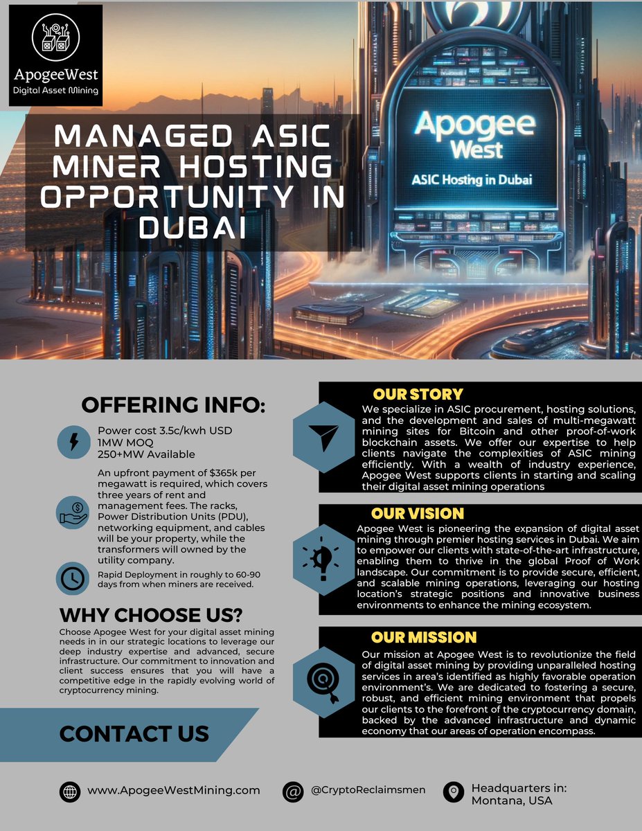 250+ MW available &amp; 1MW MOQ: Seize this prime opportunity to harness the advantages of Dubai's optimum operational environment, infrastructure, and power costs to bring your ASIC mining endeavors to a fully managed state with lower overhead costs for a premium service. #Bitcoin