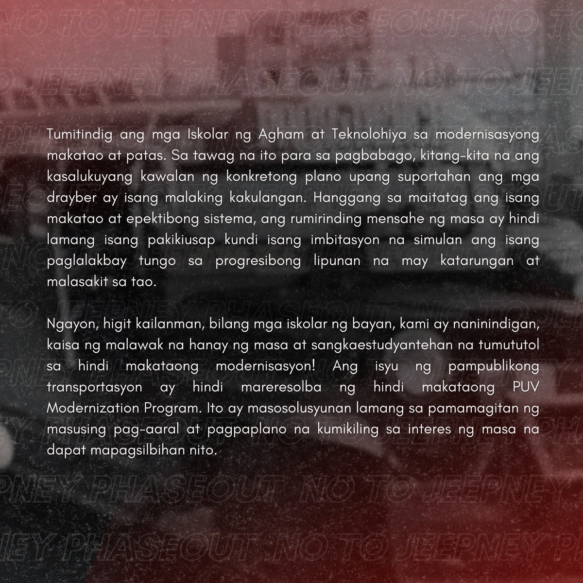 PUPADSOfficial's tweet photo. Hindi kami papara kahit saโn pa mapunta. Hindi kami papara hanggaโt ang mga tsuper ay hindi kasama!
#NoToJeepneyPhaseout
#JunkPUVMP
#TransportWorkersFightBack
#StandWithOurDrivers
(1/5) https://t.co/prgejL6rd9