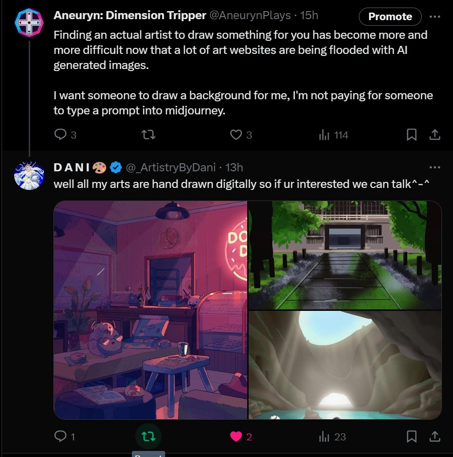 AneurynPlays's tweet photo. I was approached earlier today by an artist named DANI. I was looking for someone to do some background work for me, and they showed me three images - but something was off. The art styles were very different, so I did a little digging.
#StolenArt #ArtThief https://t.co/r0BxDvrU4R