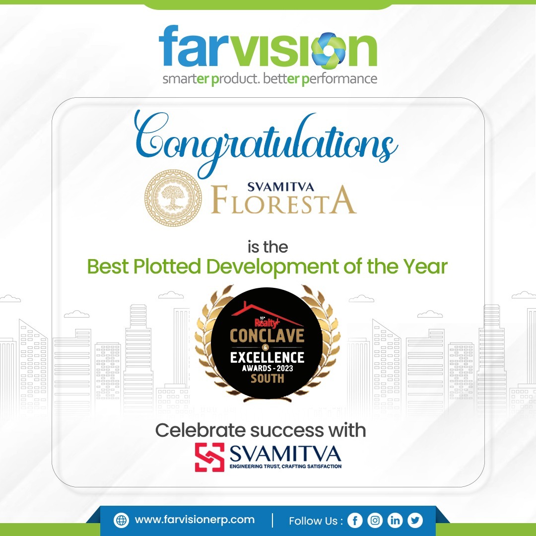 farvisionerp's tweet photo. Heartiest congratulations to @SvamitvaGroup  for receiving the prestigious 'Best Plotted Development of the Year' award for their remarkable project, Svamitva Floresta, at the 15th Realty Conclave and Excellence Awards 2023, South Chapter. https://t.co/9HskWWKlGW